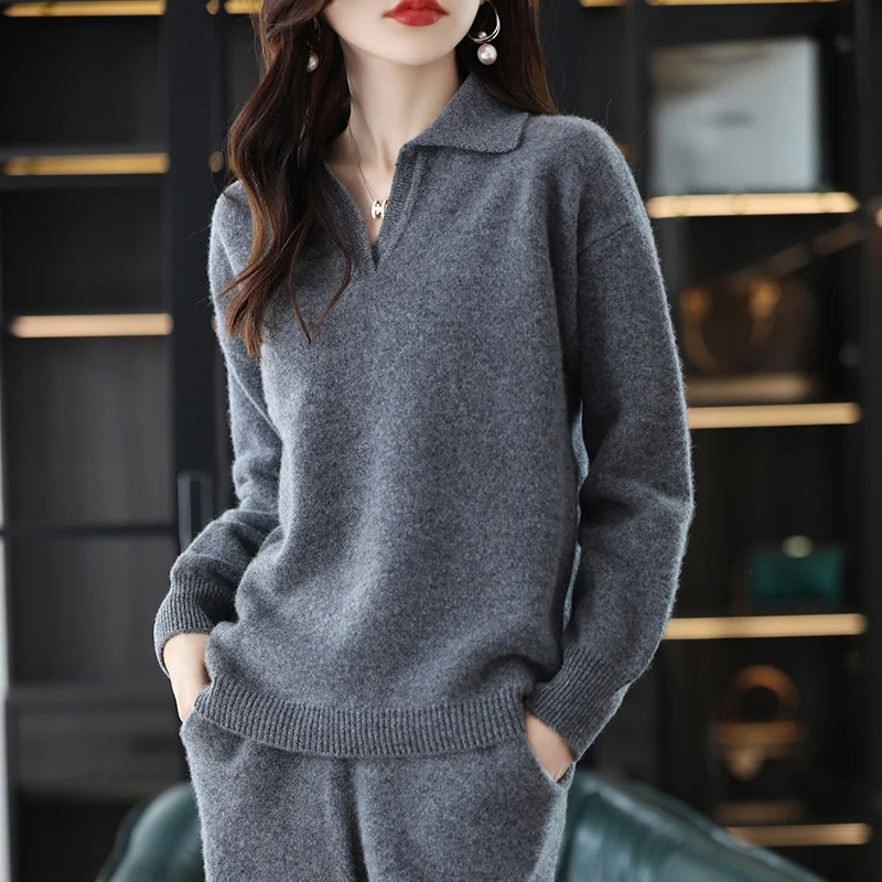 Autumn Winter 2022 New Cashmere Suit Women Loose Lapel Sweater Korean Fashion Wide-leg Pants Knit 100% Pure Wool Two-piece Suit