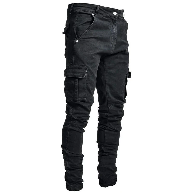 2022 New Cargo Jeans Men Streetwear Pants Multi-Pocket Black Slim Small Foot Casual Trousers Cargo Pants Men Blue