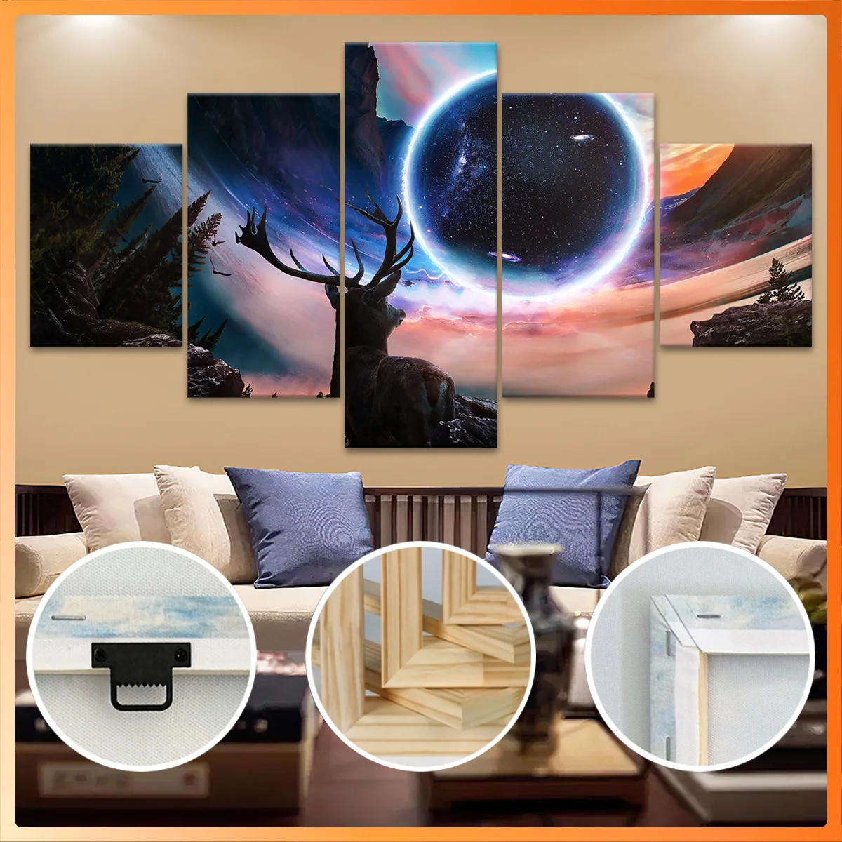 

5pcs Wooden Framed Canvas, Cosmic Stag with Celestial Ring, Fashion Poster, Art for Home Decoration, Pattern Wall Art