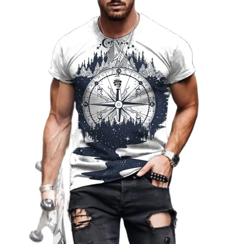 Vintage Men's T-Shirt Compass Print Summer O-Neck Short Sleeve Casual T-Shirt Both Street TopsTees Large Size T-Shirt For Men