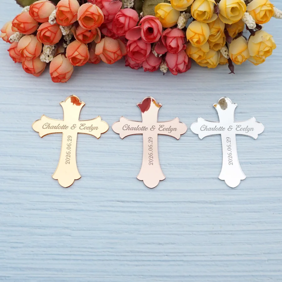 

10pcs Customized Small Cross Acrylic Mirror Tags Custom Couple Name Party Prayer Wedding Baptism Decoration