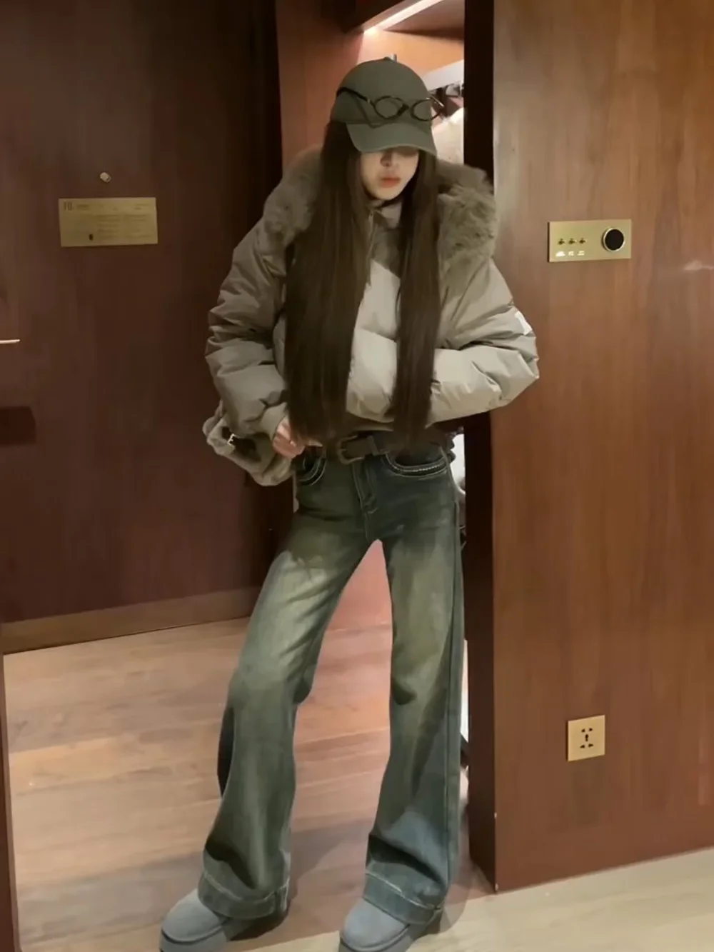 

Retro American Fce Lined Bootcut Jeans Women's Winter Low Waist Slim Fit mid Stretch Cotton Denim Hot Girl Sle