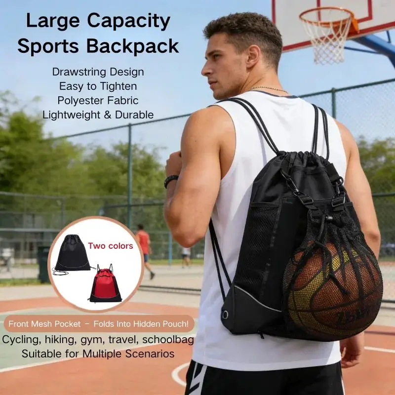

Multifunctional Drawstring Backpack – Large Capacity for Basketball, Soccer, Laptop & Daily Use, Hidden Mesh Pocket, Black & Red