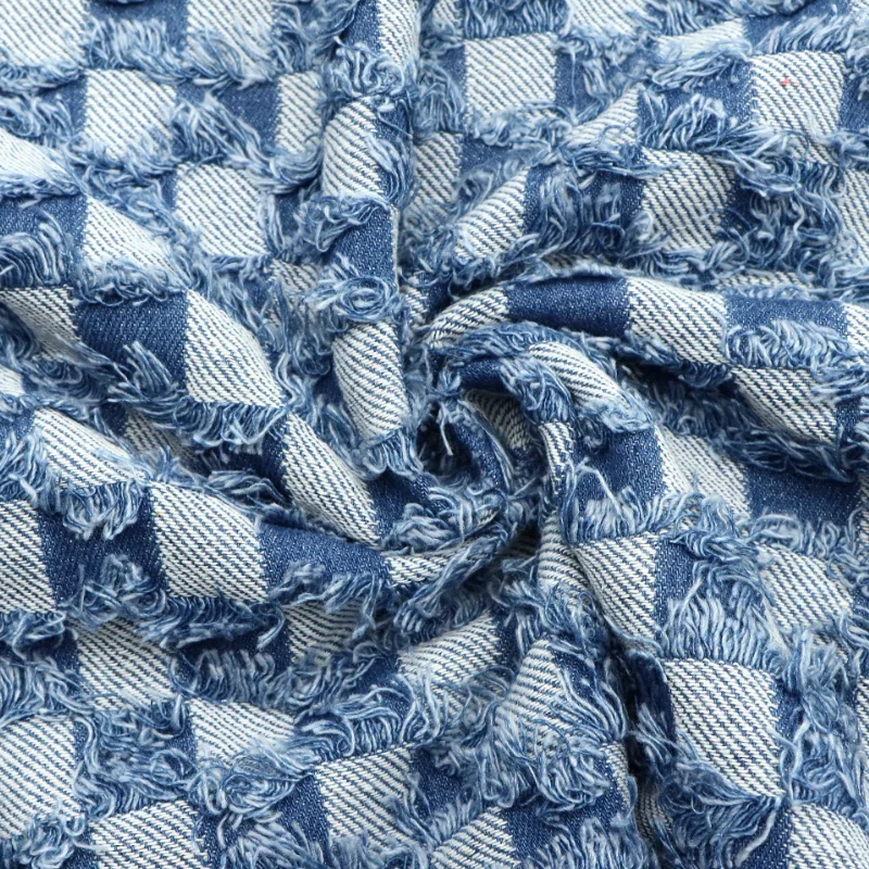 

1Pc Plaid Grid Denim Fabric with Tassel,19.68x59inches(50x150cm) Patchwork,Luxury Vintage Style for Clothing,Ideal for DIY Craft