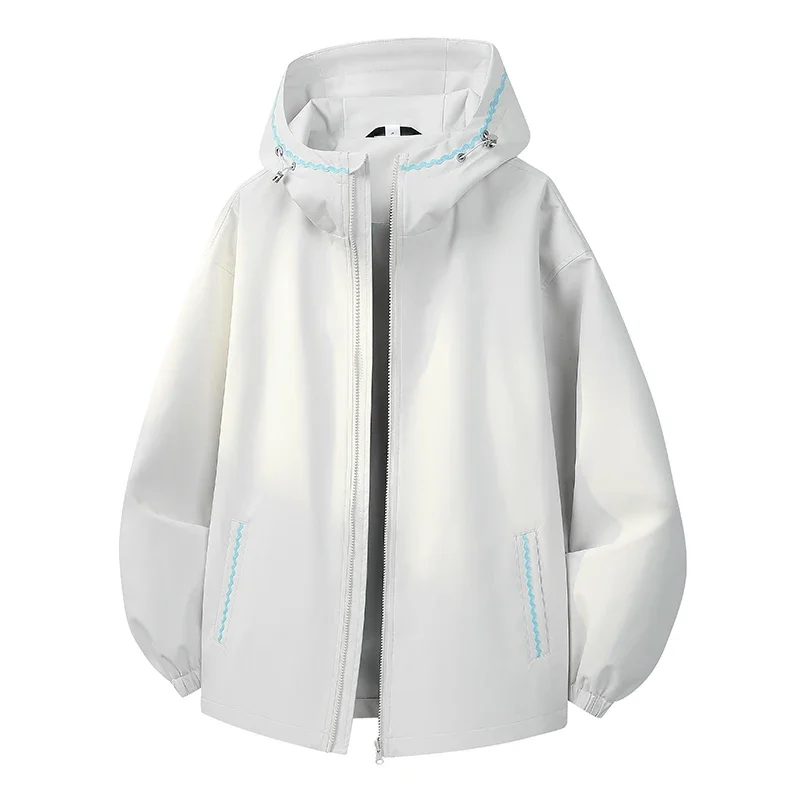Women's Waterproof Cycling Jackets Contrast Wavy Edge Hooded Rain Coat Zip‑Up Wind Resistant Loose Fit Outdoor Hiking Jacket Men