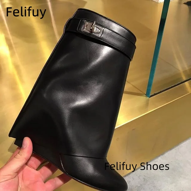 New Height Increasing Women Mid-Calf Boots Shark Lock Metal Decoration Genuine Leather Wedge Shoes women fashion Mid-calf boots