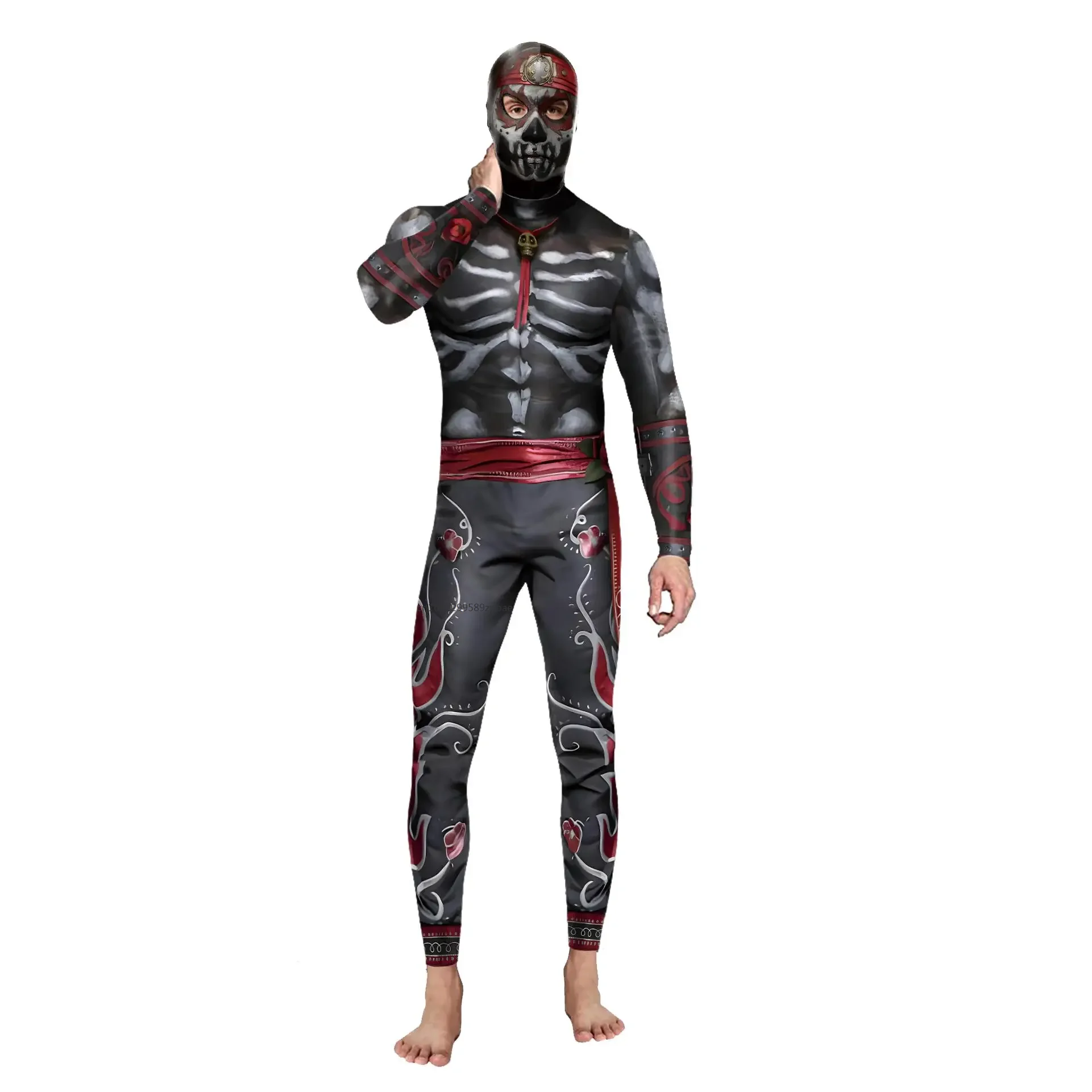 Halloween Party Outfit Spiel Cosplay Kostüm Ganzkörper Mann Zentai Bodysuit Skelett Print Catsuit Karneval Kleidung