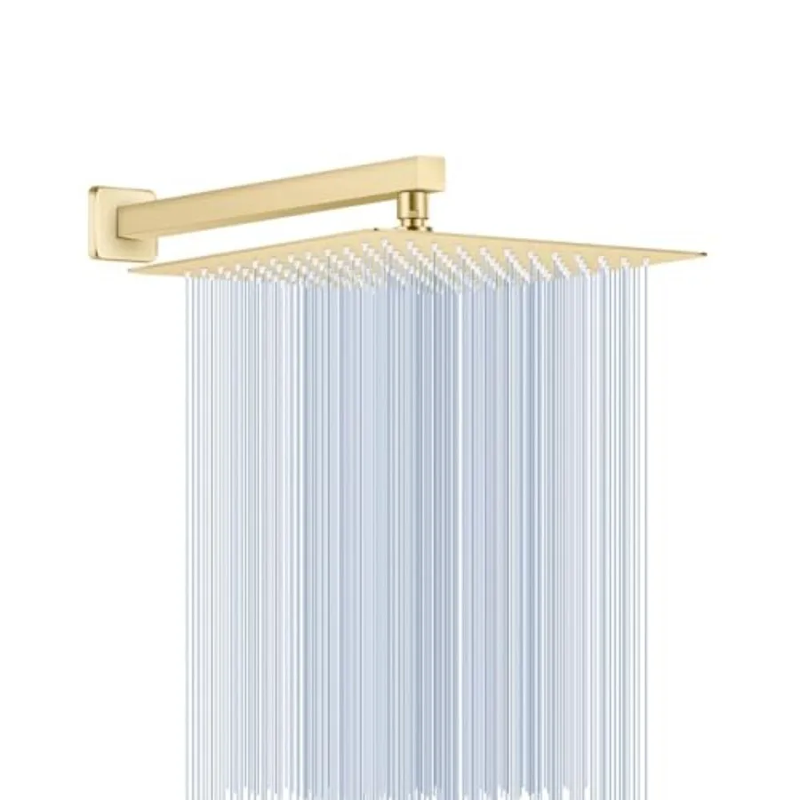 

Rain shower head for bathroom use, stainless steel, brushed gold, 12-inch square design with 16-inch extension arm and 144 outl