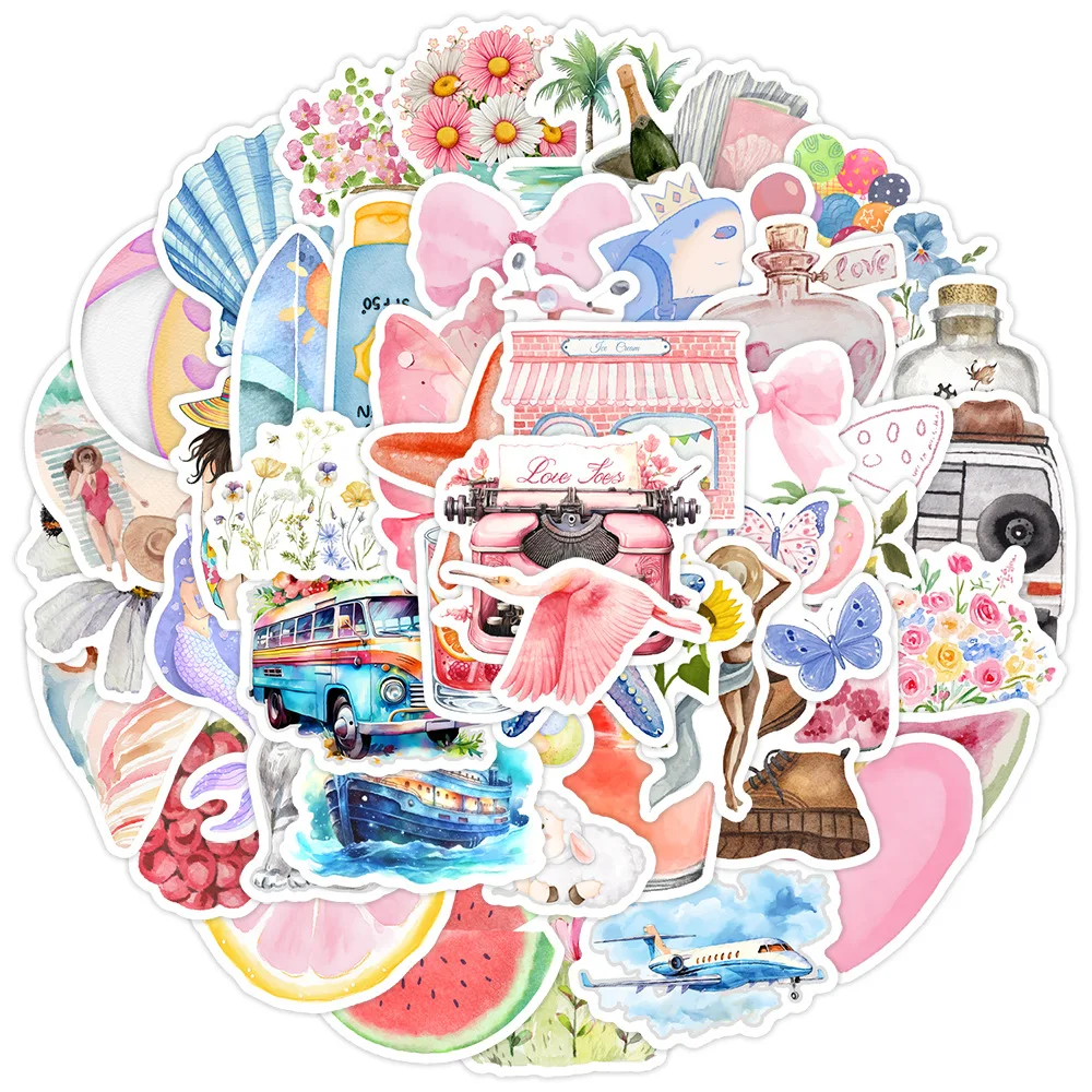 

10/50PCS Exquisite Fashion pink watercolor diary graffiti stickers for Water Cup Phone Computer Notebook Stationery Luggage