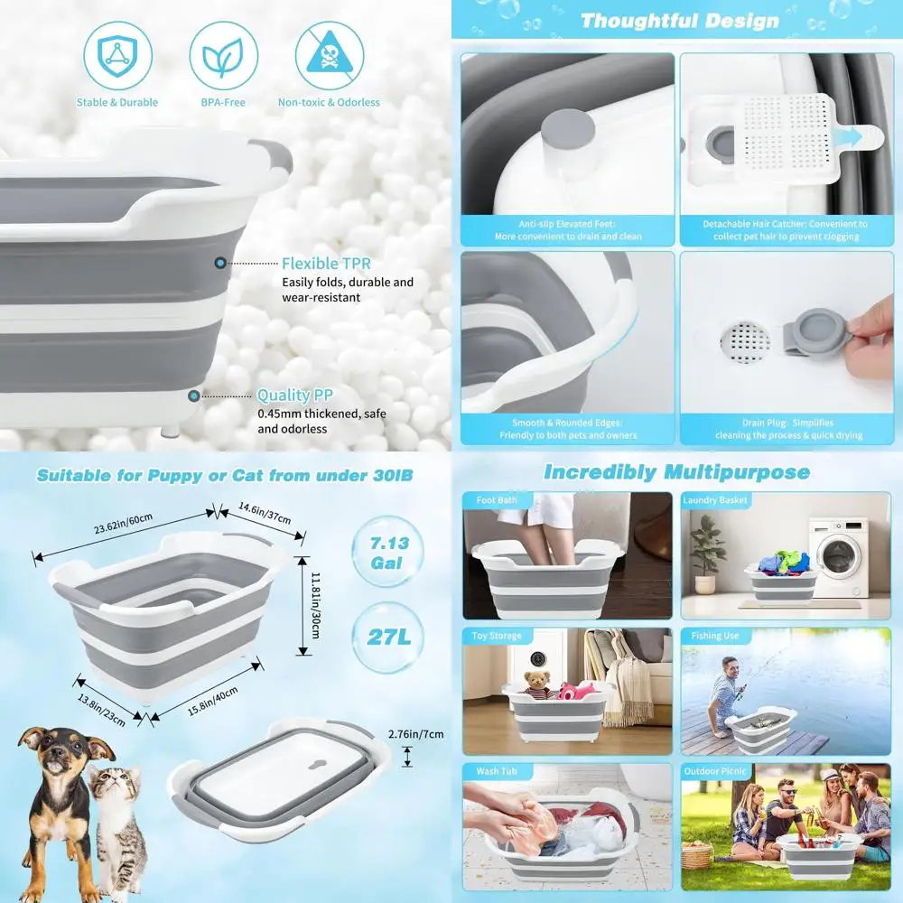 

FHTONGE 7.13 Gal/27L Raised Collapsible Dog Bathtub with Drain Hair Catcher, Multifunctional Pet Washtub for Small to M Dog, Por