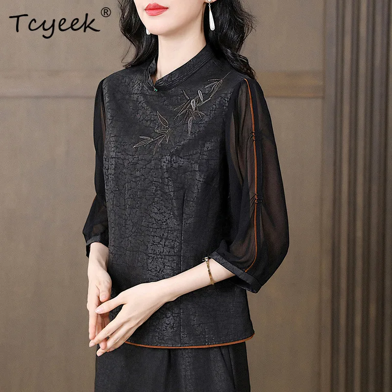 Tcyeek, T-shirt elegante in seta di garza annaffiata, ricamo a mezza manica da donna, camicette vintage larghe, estate autunno 2024 T46059QM