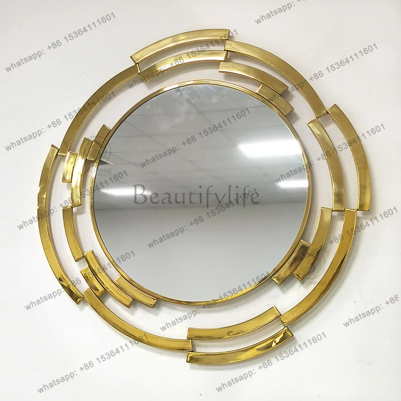 

stainless steel console table round mirror villa background wall art mirror