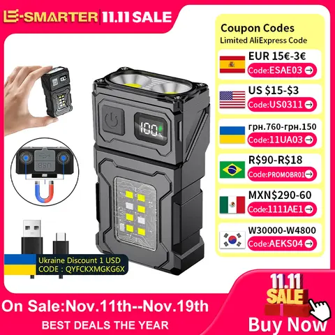 MINI USB Rechargeable LED Flashlight Portable Tail magnet flashlight Super Bright Camping Lantern Side COB emergency light