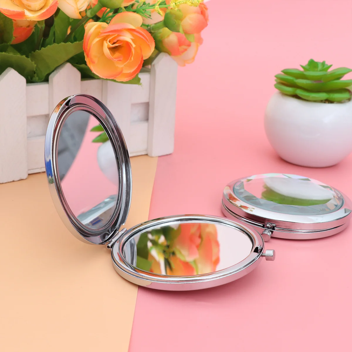 2 قطعة مرآة ماكياج قابلة للطي مزدوجة الجانب إطار كريستال مدمج زجاجي عالي الوضوح مرآة صغيرة لمحفظة السفر وسطح المكتب #3