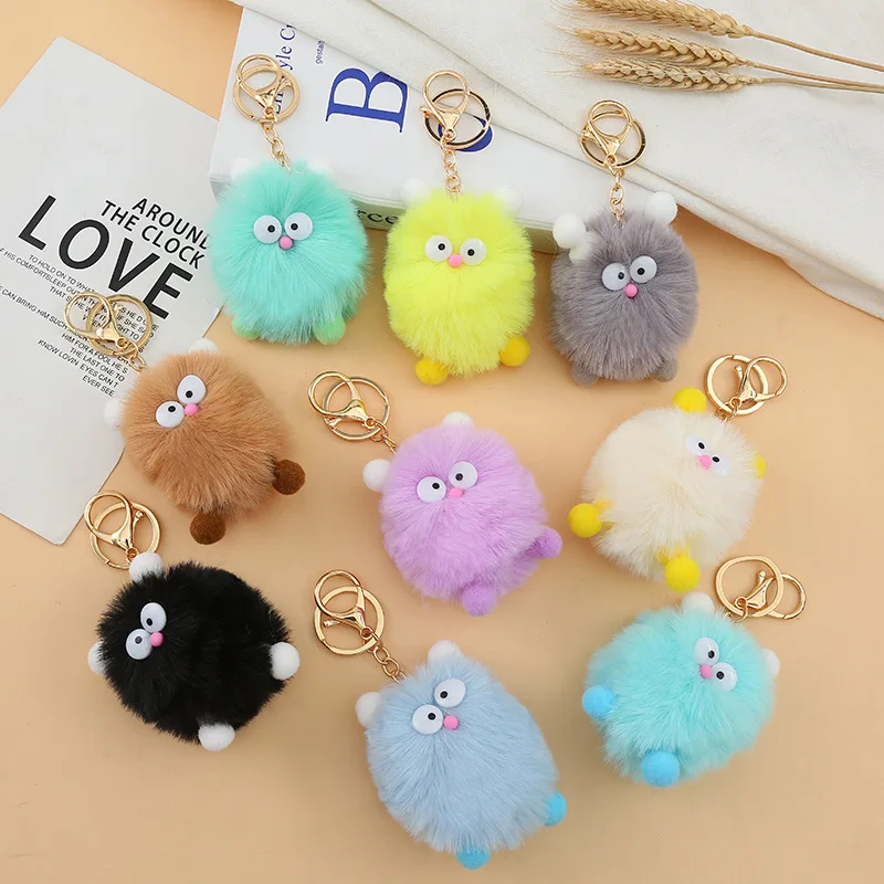 Cute Mini Elf Monster Plush Keychain Candy Color Big Eyes Decorated Animal Pom Pom Keyring For Women Kids Car Key Backpack Decor