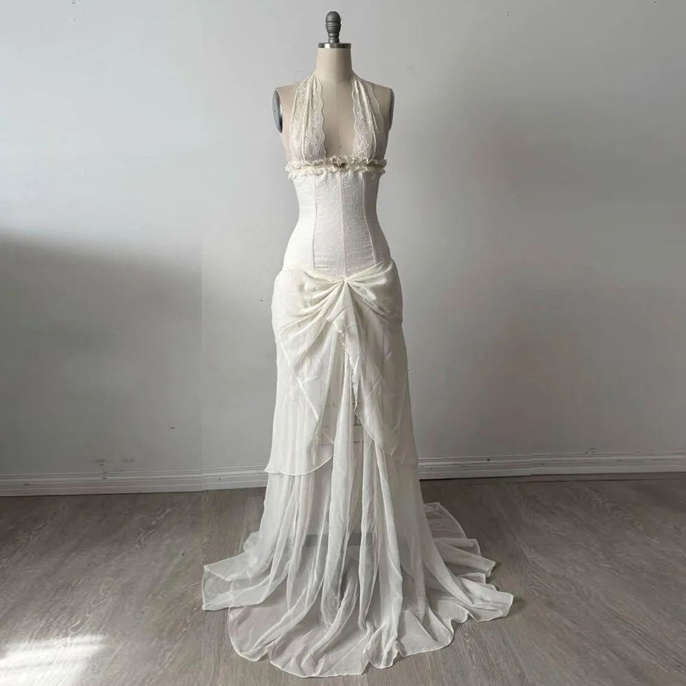 

White Evening Dresses Halter Sleeveless High Quality Floor Length Sweep Train Banquet Celebrity Female Gowns Classic Elegant