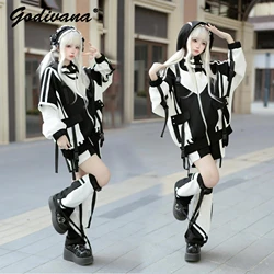 Japanese Mine New Original Y2K Sport Suit Female Girls Cool Color Patchwork Oversized Jacket Shorts and Pants Set Autumn Outfits