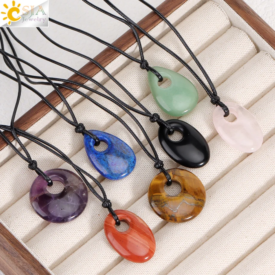 CSAJ الحجر الطبيعي قلادة مستديرة للنساء رجل الطاقة الجمشت الوردي الكوارتز اللازورد قلادة حبل القلائد مجوهرات T112