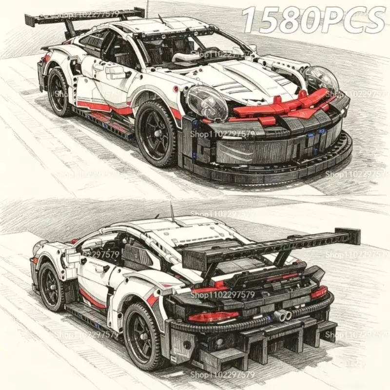 1580PCS New Technical 1:8 Scale Racing Car Performance City Super Sport Car Brick Model Vehicle Set Toy Birthday Gift for Adults
