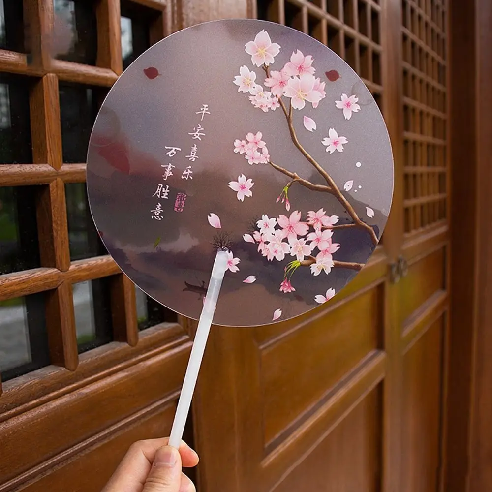 Frosted Fan Handle Ancient Long-handled Fan Color Printing Anti-break Handheld Round Fan High-looking Translucent