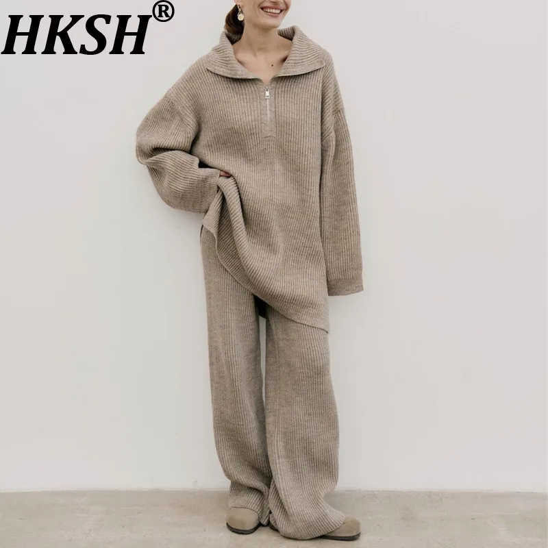 

HKSH осень-зима новый женский комплект из двух предметов однотонные топы с половиной молнии и длинными рукавами прямые брюки корейские повседневные большие размеры HK12534