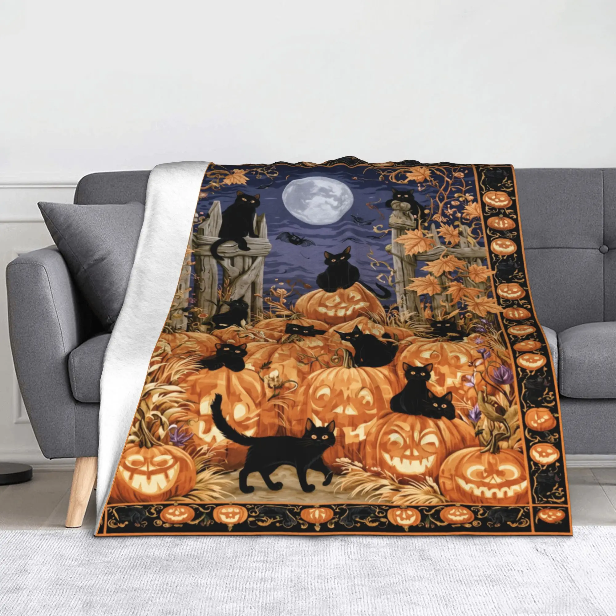 Halloween Black Cats Blankets Fleece Textile Decor Witchy Spooky Multifunction Soft Throw Blanket for Bed Couch Plush Thin Quilt