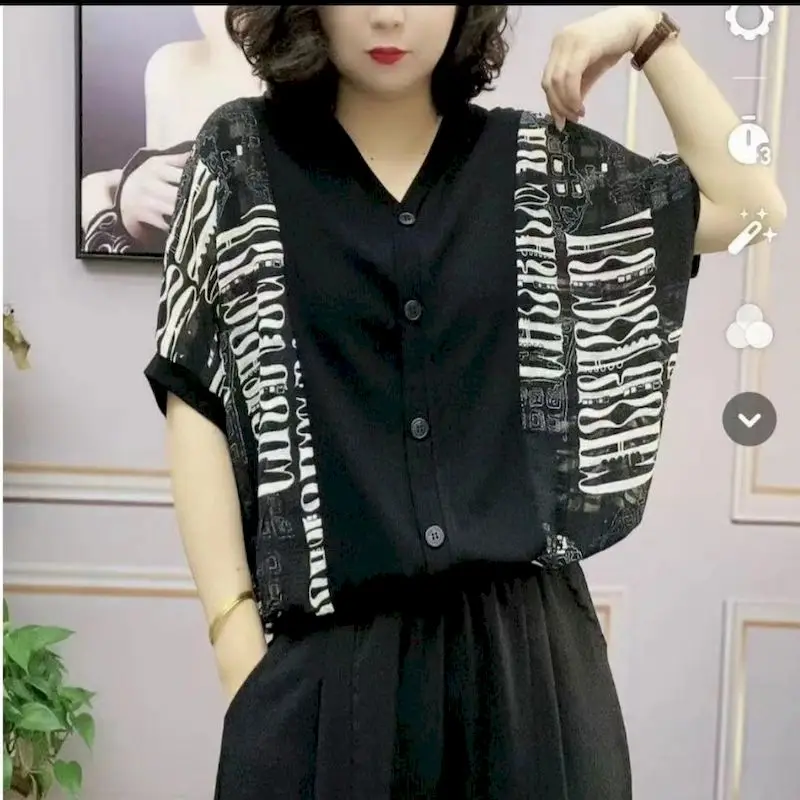 Fashion Design Chiffon Shirts Women Harajuku Style Casual Loose Oversized Shirt Single Breasted V-neck Blouse Summer Trend Thin