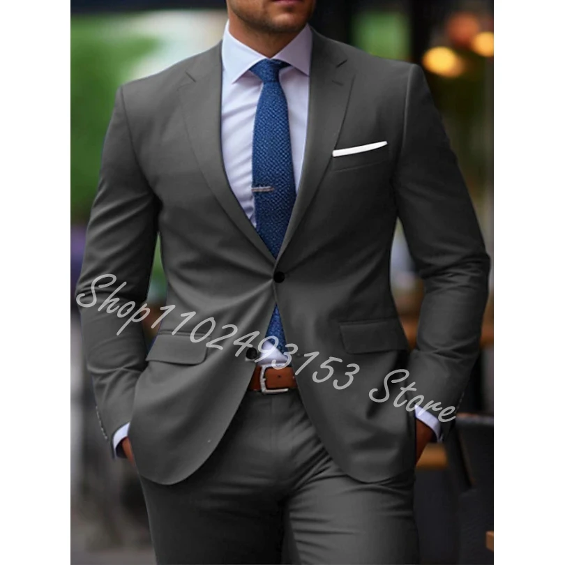 Latest Causal Blue Men Suits Set Custom Slim Fit Best Men Groom Wedding Tuxedos Business Blazer with Pants 2Pcs Costume Homme