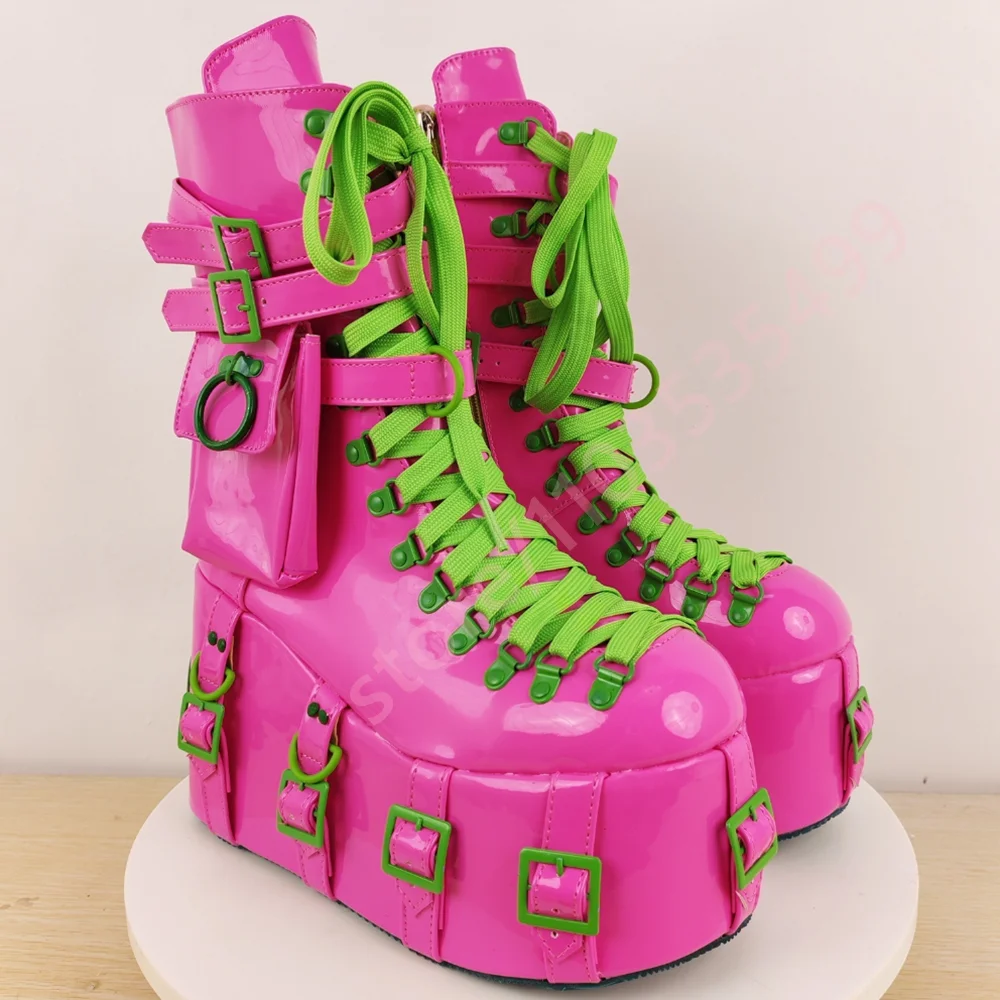 

Мотоциклетные ботинки на танкетке с пряжкой на платформе, новинка 2025, круглые уличные короткие ботинки в стиле панк-рок на шнуровке, уличные модные вечерние готические ботинки