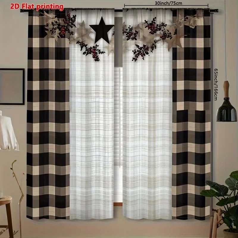 

2Pcs Curtain Plaid Stars, Black and White Plaid, Red Berries Window Drapes for Bedroom Living Room Decoration Window Treatment.
