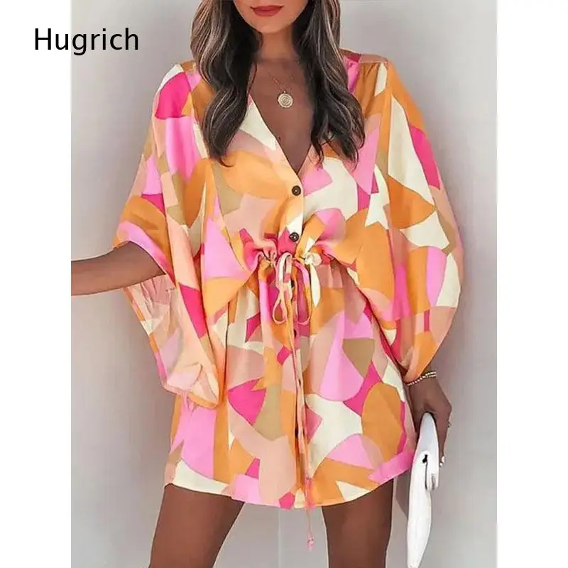 Women Abstract Geometric Print Mini Dress V Neck Batwing Sleeve Drawstring Waist Button Front Casual Shirt Dress