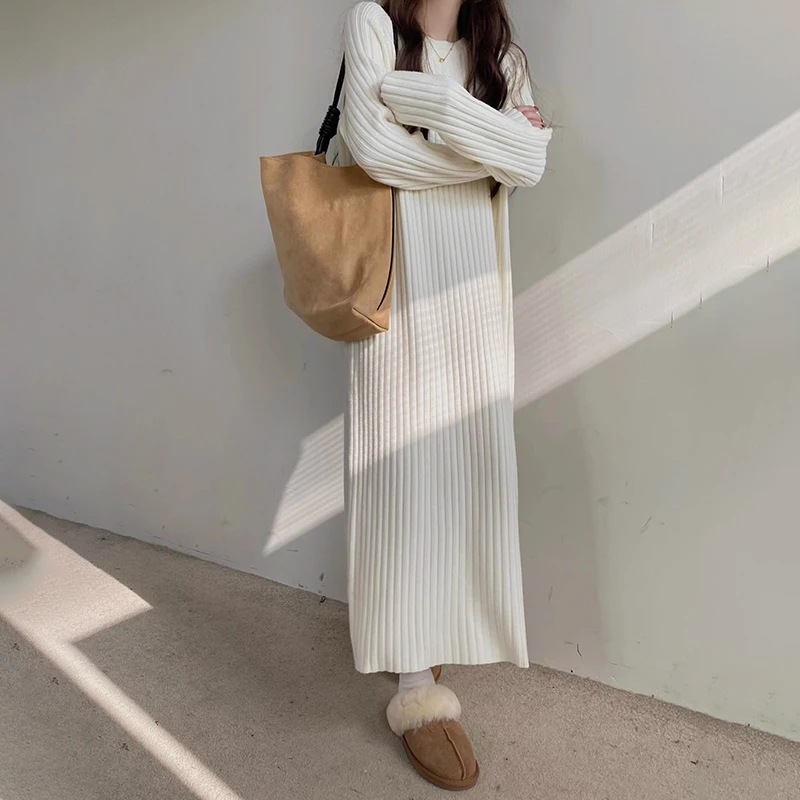 H-shaped Crew Neck Casual Pullover Solid Color Long Sleeve Solid Color Women Basic Loose Knitted Long Dress