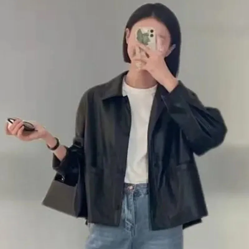 

2025 Women Fashion Short Leather Coat Retro Ladies Long Sleeves Faux Leather Outwear Spring Female Leisure PU Leather Jacket ﻿