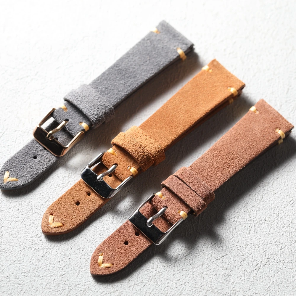 Handgefertigtes italienisches mattiertes Wildleder-Uhrenarmband, 18, 19, 20, 21, 22 mm, graubraunes Retro-Armband aus weichem Leder, hochwertiges Armband