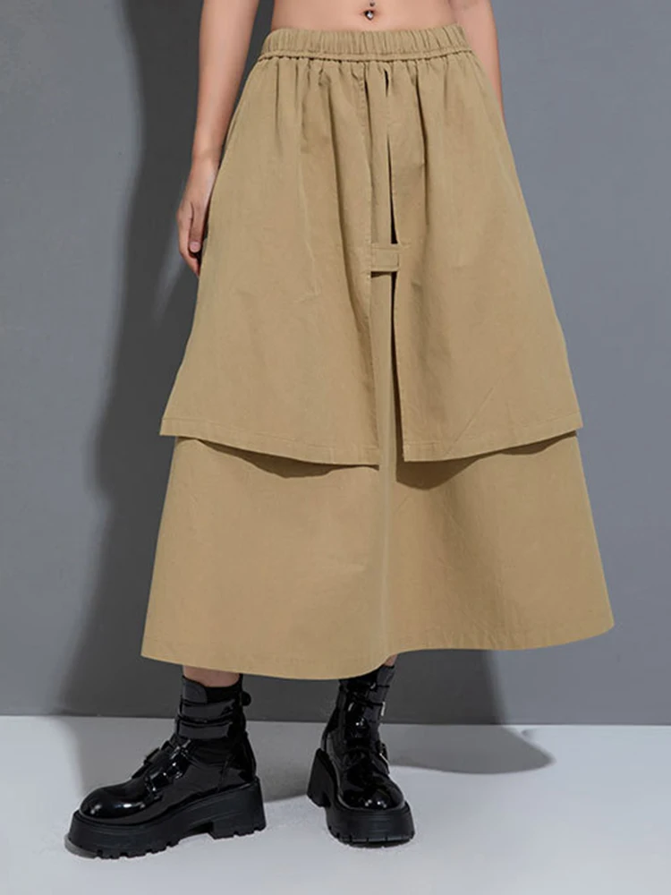 [EAM] High Elastic Waist Khaki Layers Irregular Long A-line Half-body Skirt Women Fashion Tide New Spring Autumn 2024 1DH1082