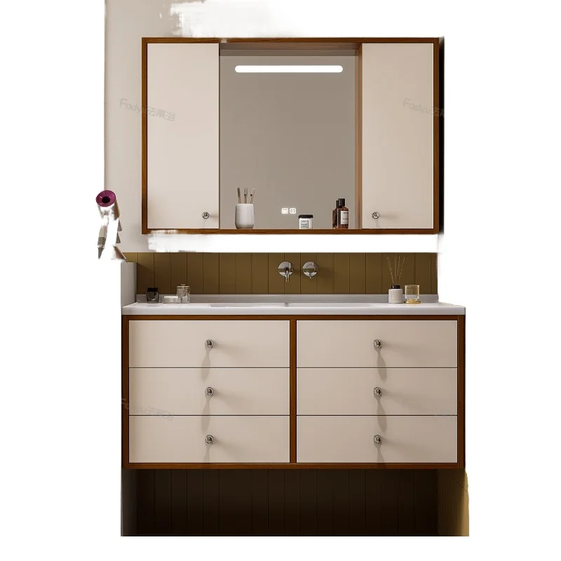 

New ceramic integrated basin Bauhaus medieval rubber wood folding feng shui mirror cabinet bathroom cabinet