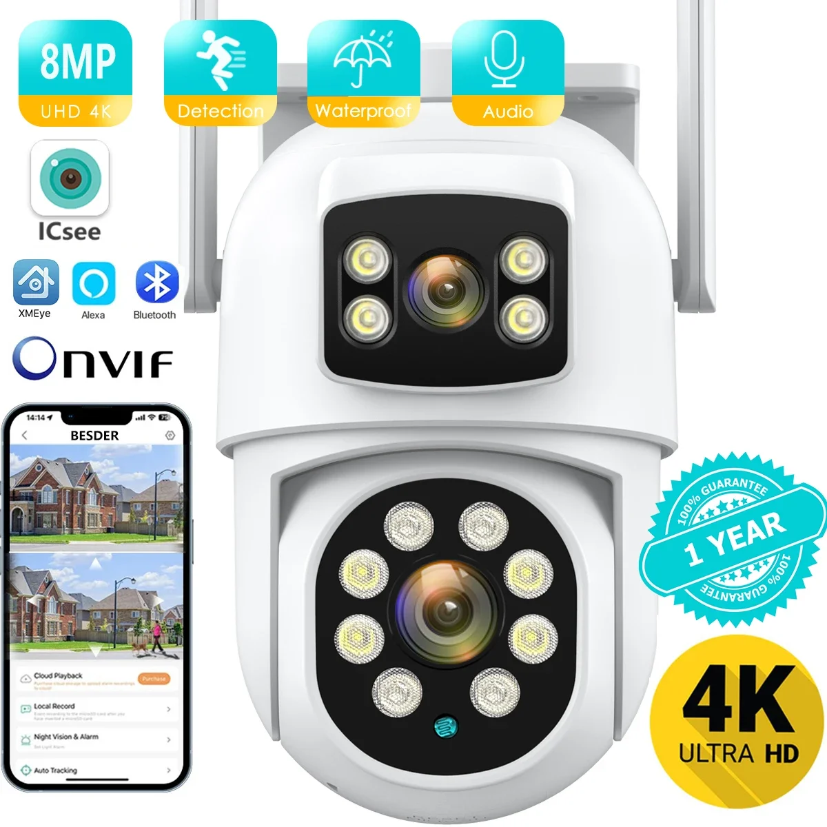 

4K PTZ Wifi Camera 8MP Dual Lens Dual Screen AI Human Detection Auto Tracking Outdoor Surveillance IP Camera with iCSee App