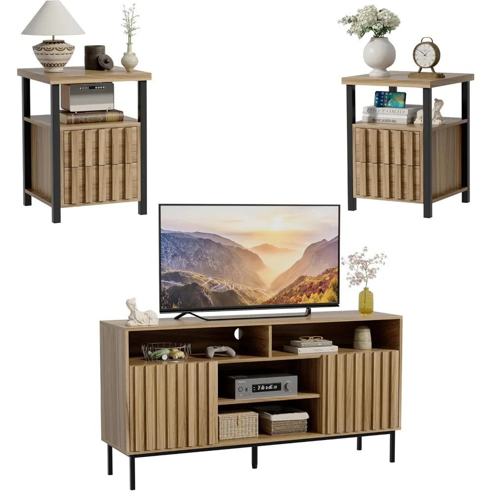 Современный комплект для гостиной середины века, дубовая тумба для телевизора и комплект из 2-х торцевых столиков, тумбочка, деревянная рифленая подставка для телевизора, приставной столик для дивана