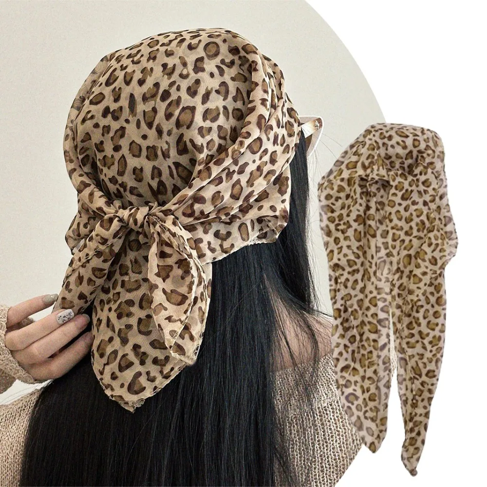 Retro Leopard Print Square Headscarf Thin Y2K Headband Satin Neckerchief Women