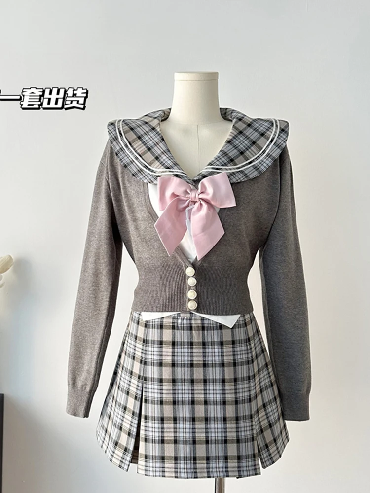 

Preppy Style Outfits 3 Piece Set Sailor Collar Knitted Jumper+Kawaii + Chic Plaid A-Line Skirt Autumn Winter Japanese Fashion