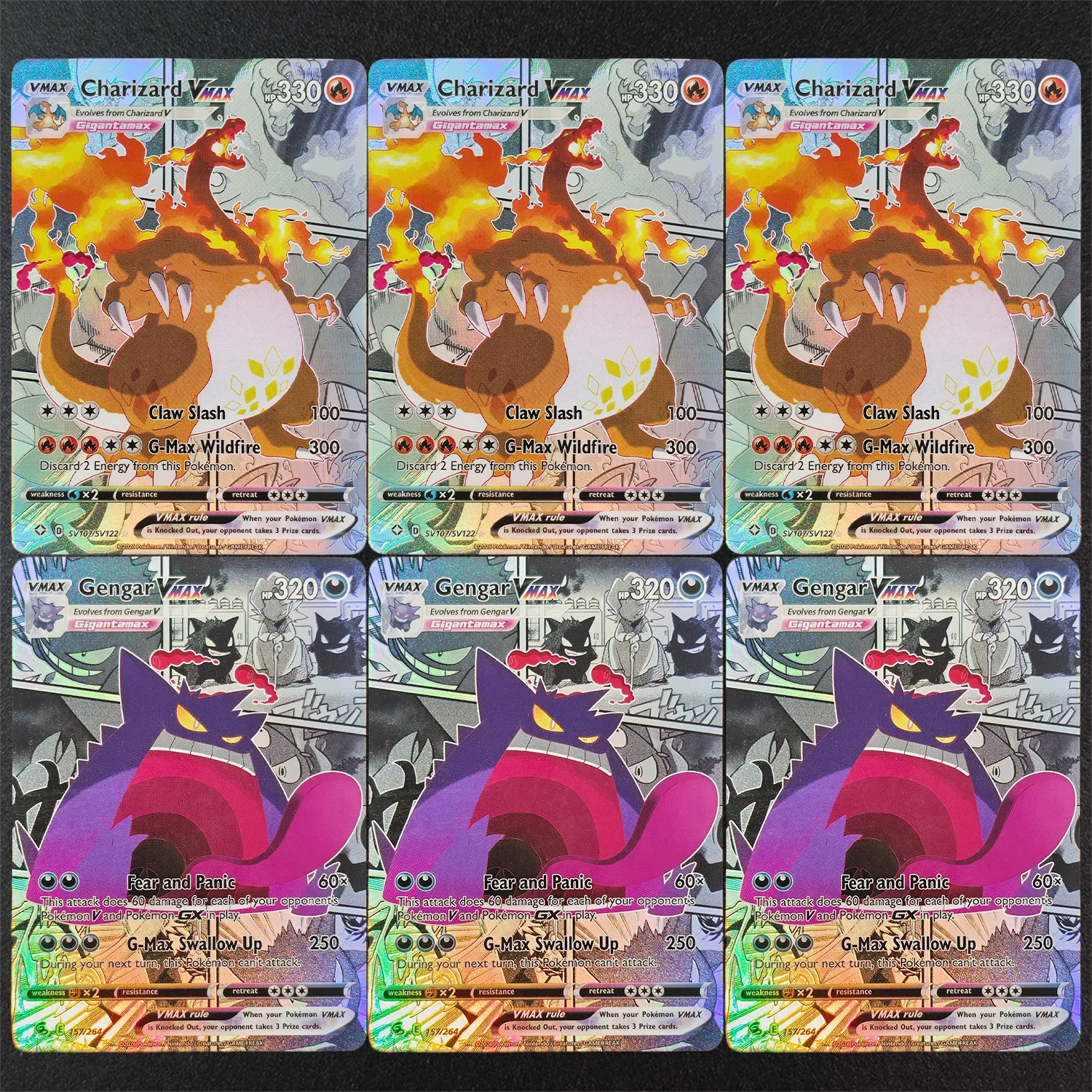 Selbstgemachtes Spielkarten-Spielzeug im englischen Manga-Stil mit Venusaur, Blastoise, Charizard, Gengar, Lapras, Meowth, Snorlax und Urshifu