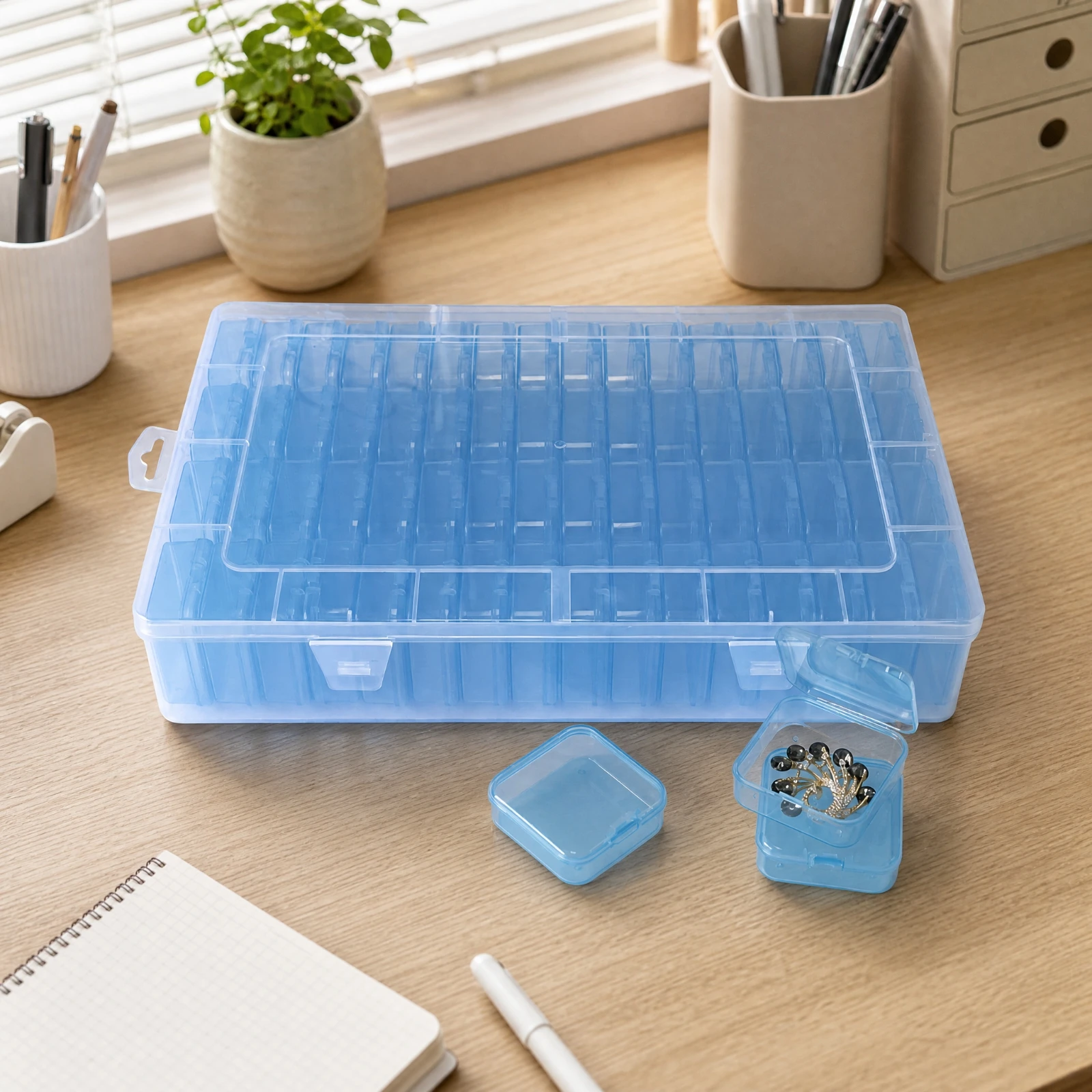 Plastic Organizer Box with 64 Compartments Space-Saving Hinged-Lid Desktop Organizer Bin Hinged-Lid Storage Box with Front
