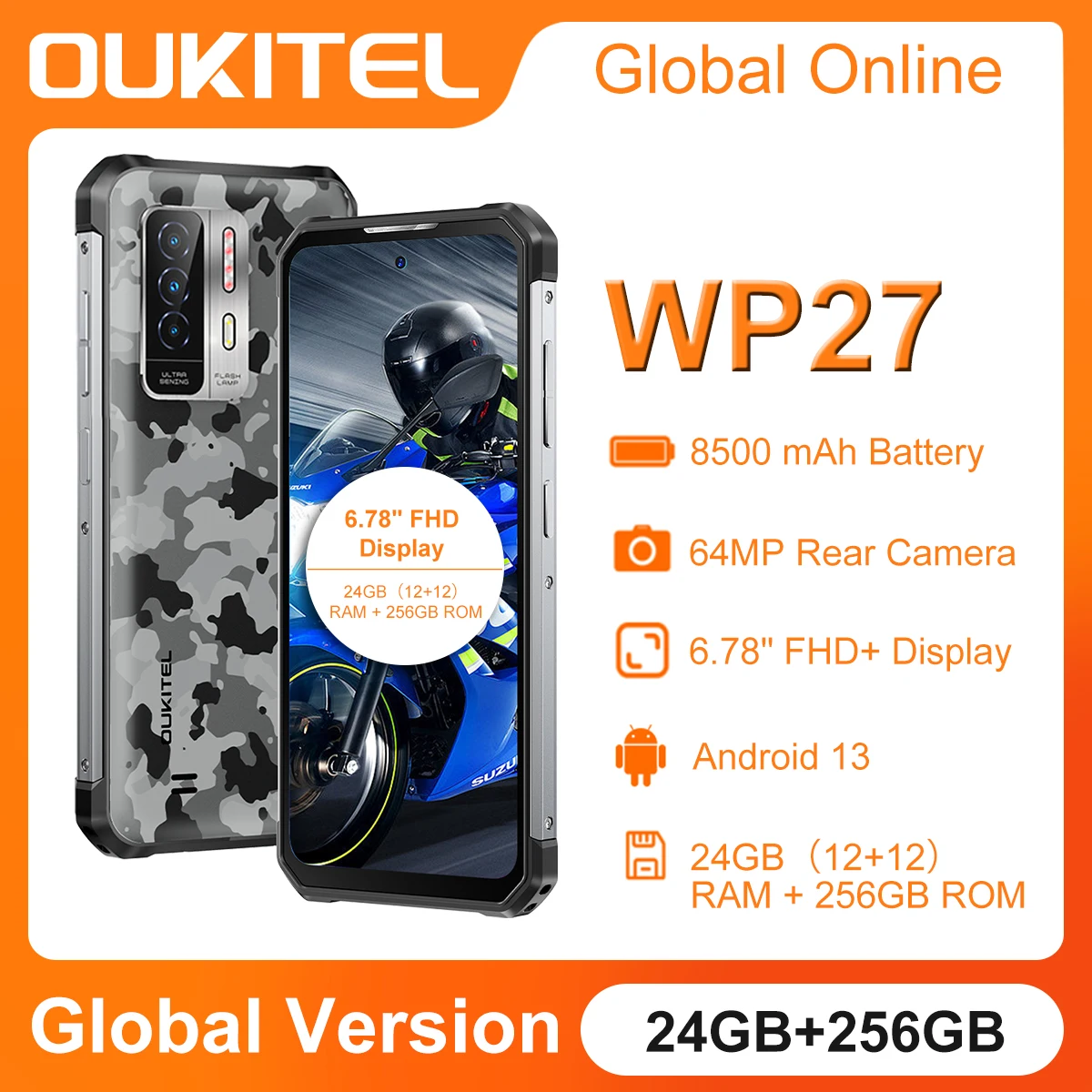 Oukitel WP27 Rugged Smartphone 12GB+256GB 8500mAh 6.78“ FHD+ Mobile Phone 64MP Camera Android 13 MTK G99 Cell Phone