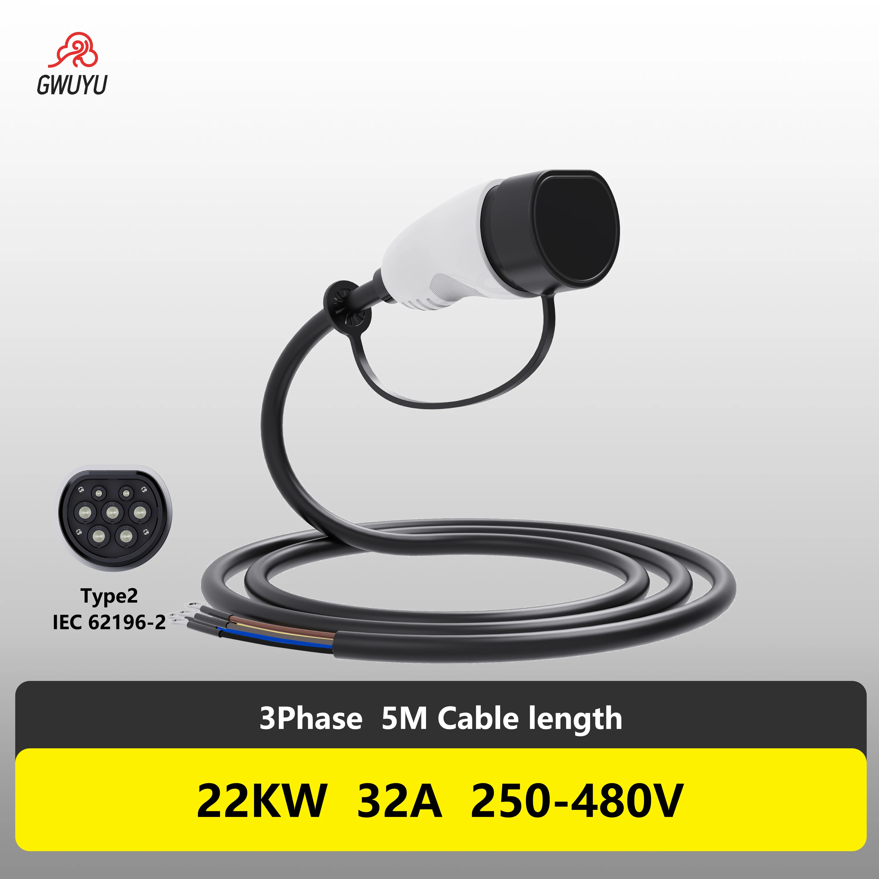 EV Charger 22KW 32A 3Phase 250V-480V Type 2 IEC62196-2 Plug with 5m Cable Female To Open Wire for Electric Vehicle Charging