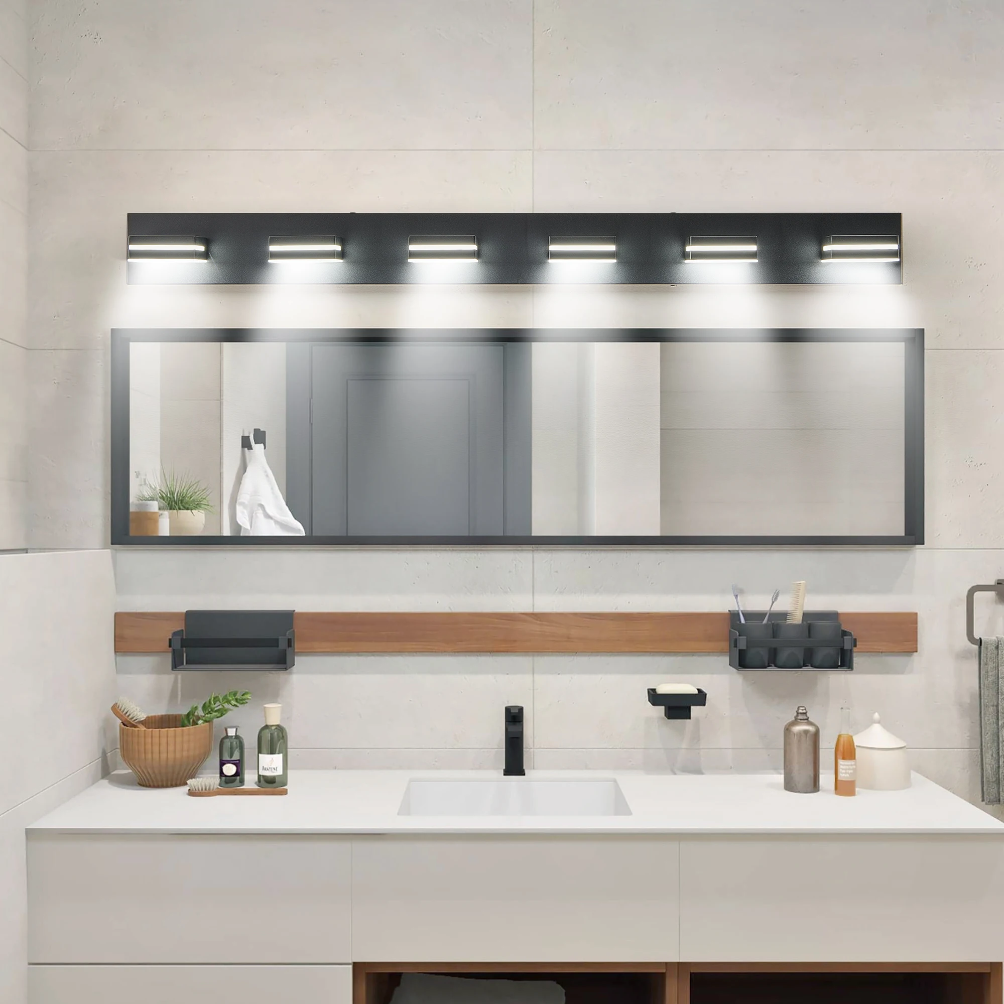 Modern Black LED Vanity Light, 6-Lights Wall Sconce for Bathroom and Mirror, Sleek Minimalist Design, Energy-Efficient