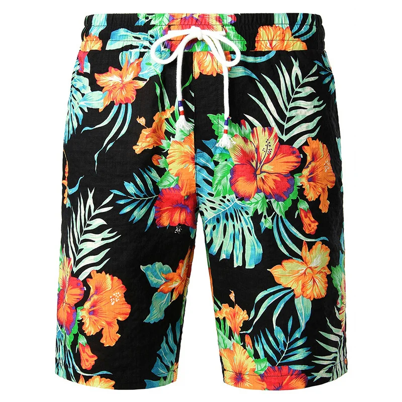 Shorts de praia gráficos de folhas de flores masculinas, shorts de surf Y2k estampados em 3D, maiô Havaí verão, calção de gelo legal