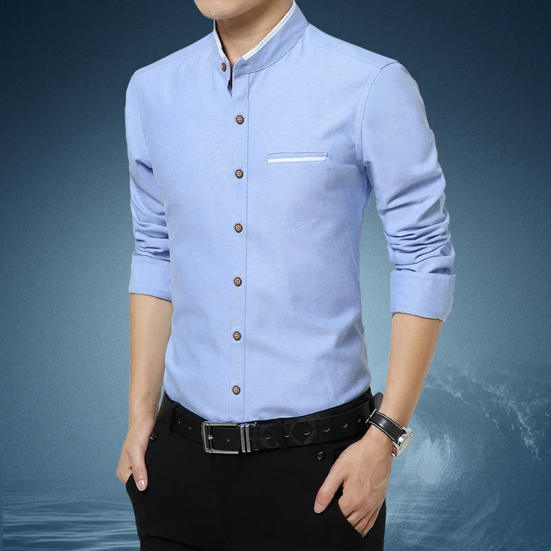 Neue Hemd Männer Casual Langarm Stehkragen Slim Fit Shirts Mode Herren Business Kleid Shirts Vier Searsons Plus Größe 5XL