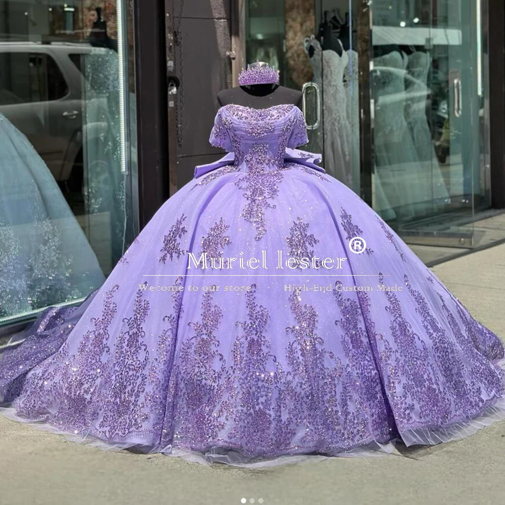 Mexican Princess Quinceanera Dress Ball Gown Corset Sweet 16 Purple Dress Shiny Lace Applique Beading Tiered Vestidos De 15 Años