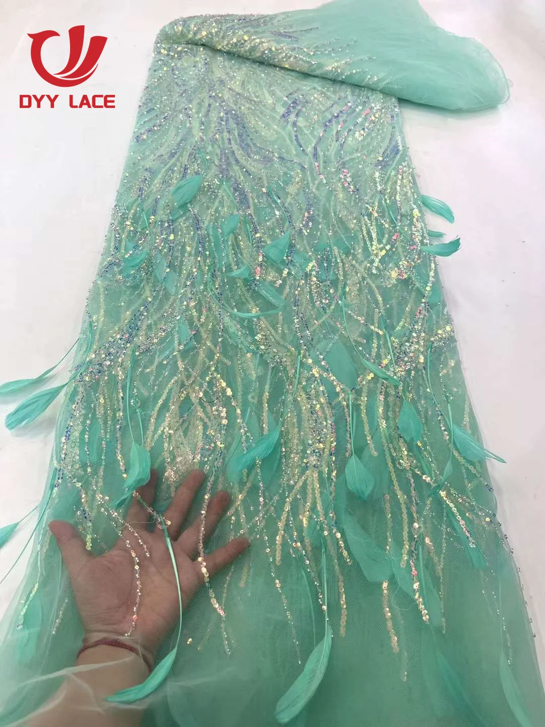 Latest African Nigerian Sequins Lace 2023 Fashion 3D Feather Embroidery French Tulle Lace Fabric For Bride Wedding Party Dress