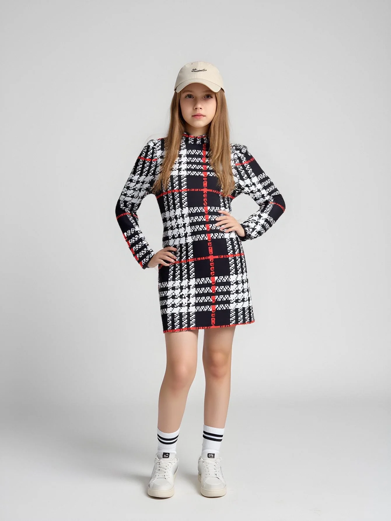 

Fashionable casual plaid fabric round neck long sleeve wrap dress for girls; autumn and winter (accessories not included).